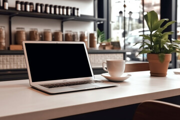 Fototapeta na wymiar Contemporary caf? setup showcases blank white screen laptop and mobile Generative AI