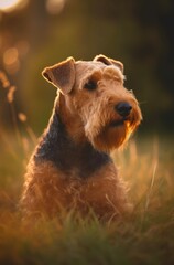 Airedale Terrier dog is walking outdoor. Generative AI.