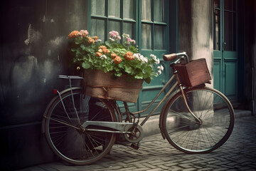Bicycle with  flowers and a basket with bouquet of flowers. Beautiful vintage postcard. AI generative