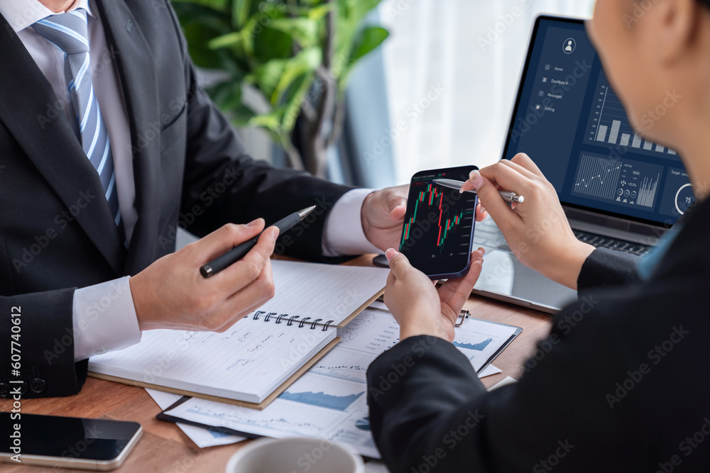 Poster risk management or financial team working and analyzing on client's portfolio while monitoring stock