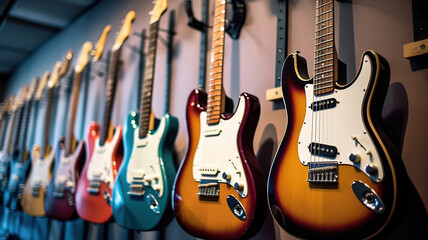 Fototapeta na wymiar A row of different electric guitars hanging in a modern musical shop. Generative Ai