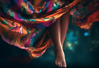 Beautiful sexy woman Barefoot dancing with Light fabric flutters in the wind . Seductive Close up shot of female legs and feet in lingerie. Attractive sensual girl in flying dress. Generative AI - obrazy, fototapety, plakaty