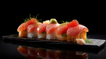 Close up of sushi, Japanese seafood. Generative Ai