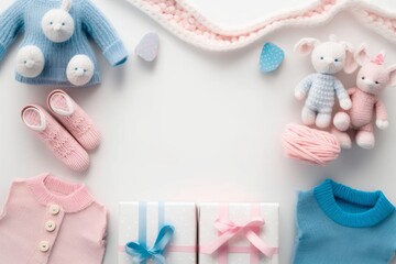 Obraz na płótnie Canvas Gender reveal party concept. Top view photo of pink and blue infant clothes shirts pants knitted booties gift boxes bunny rattle toy and teether chain on isolated white background, Generative AI