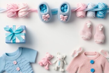 Gender reveal party concept. Top view photo of pink and blue infant clothes shirts pants knitted booties gift boxes bunny rattle toy and teether chain on isolated white background, Generative AI