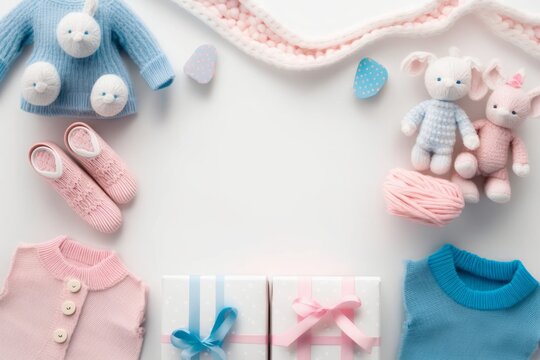Gender reveal party concept. Top view photo of pink and blue infant clothes shirts pants knitted booties gift boxes bunny rattle toy and teether chain on isolated white background, Generative AI