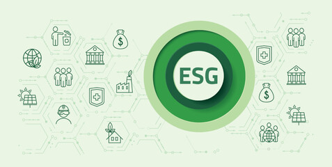 ESG. Environmental, Social and Governance. Banner, vector illustration in a circle on a green background. The concept of responsible business.