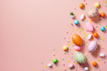 Fototapeta na wymiar Easter decor concept. Top view photo of colorful easter eggs and carrot shaped sprinkles on isolated pastel pink background with copyspace, Generative AI