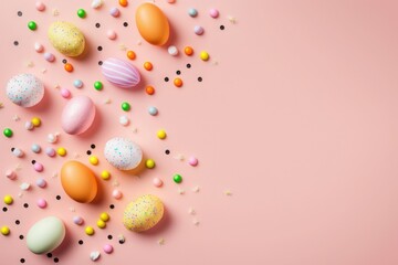 Fototapeta na wymiar Easter decor concept. Top view photo of colorful easter eggs and carrot shaped sprinkles on isolated pastel pink background with copyspace, Generative AI