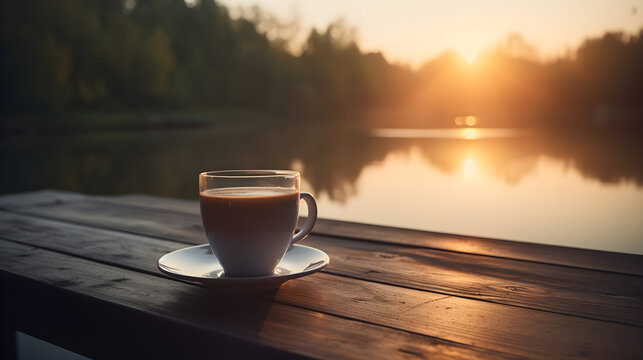 A Cup of Coffee on the Rustic Wooden Table in Front of Beautiful Lake in the Golden Warm Sunset Moment. Generative AI.