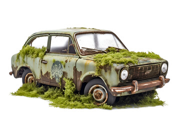 Old abandoned rusty car covered with algae and vegetation isolated on transparent background