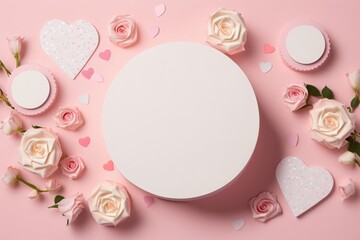Fototapeta na wymiar Mother's Day celebration concept. Top view photo of white circle gift boxes small roses hearts and sprinkles on isolated pastel pink background with blank space, Generative AI