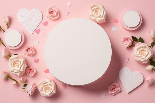 Mother's Day celebration concept. Top view photo of white circle gift boxes small roses hearts and sprinkles on isolated pastel pink background with blank space, Generative AI