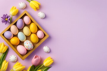 Easter celebration concept. Top view photo of colorful easter eggs in wooden holder ceramic rabbits yellow and pink tulips on isolated pastel purple background with blank space, Generative AI