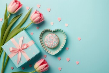 Mother's Day celebration concept. Top view photo of spring flowers pink tulips small giftbox with bow and heart shaped saucer with sprinkles on isolated pastel blue background, Generative AI