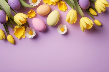 Naklejka na ściany i meble Easter concept. Top view photo of spring flowers bunches of yellow and pink tulips and colorful easter eggs on isolated pastel violet background with empty space, Generative AI