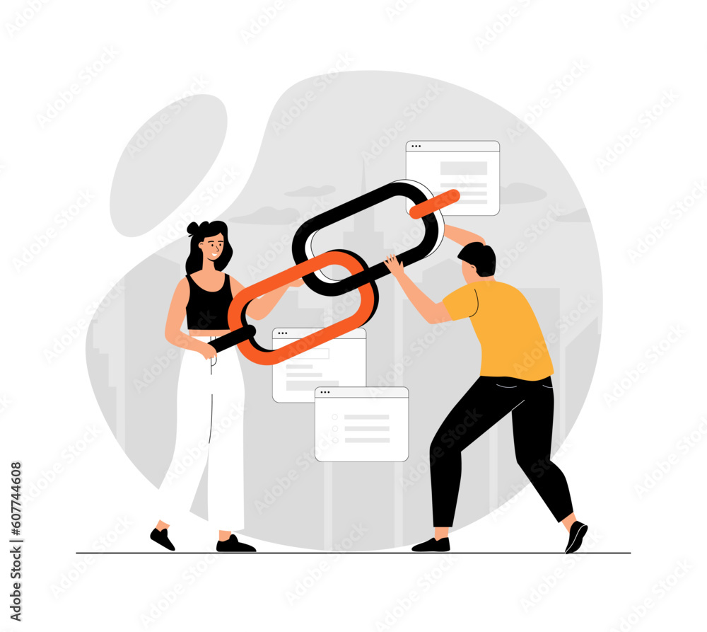 Poster link building concept. search engine optimization, seo. people holding chain on bowser windows. illu