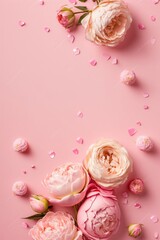 8-march concept. Top view vertical photo of fresh peony roses and sprinkles on isolated pastel pink background with copyspace, Generative AI