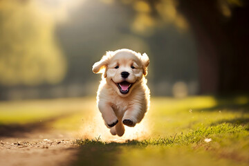 Cute golden retriever puppy running in the park on a sunny day, generative ai