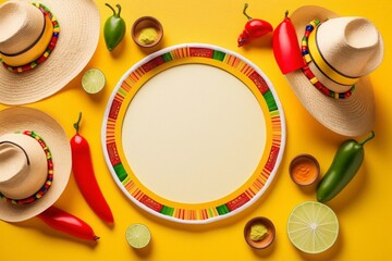 Embrace the festive atmosphere of Cinco de Mayo with this lively top-view shot of a sombrero poncho maracas tequila shots lime chili pepper on yellow backdrop with empty round, Generative AI