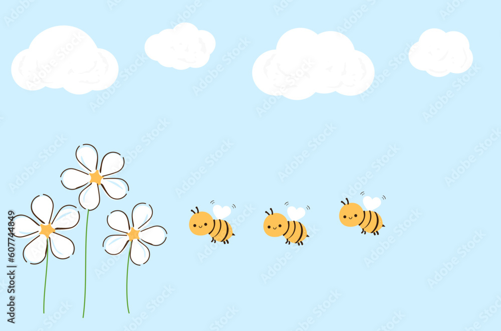 Sticker white cloud and bee cartoons on blue sky background vector illustration.