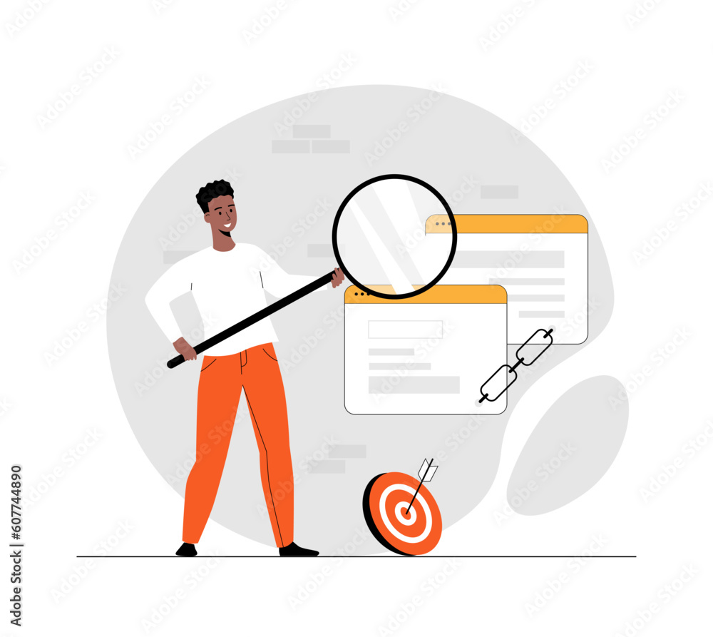 Poster link building concept, seo search engine optimization. man holding magnifying glass above browser wi