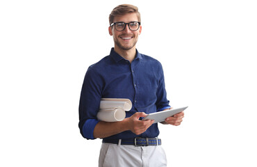 Confident young business man in shirt examining blueprint on a transparent background