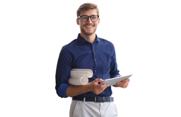 Confident young business man in shirt examining blueprint on a transparent background