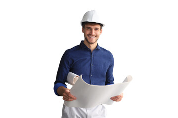 Shot of male architect wearing hardhat and inspecting new building on a transparent background