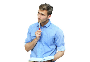 Portrait of handsome smiling man in casual shirt taking notes on a transparent background - obrazy, fototapety, plakaty