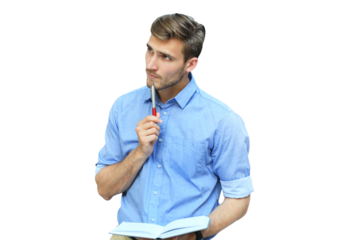 Portrait of handsome smiling man in casual shirt taking notes on a transparent background