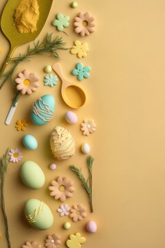 Easter decorations concept. Top view vertical photo of colorful easter eggs baking molds and easter bouquet on isolated beige background with copyspace, Generative AI