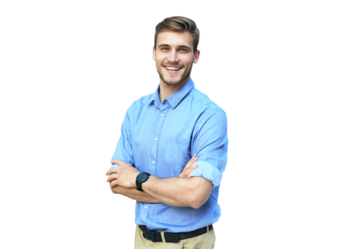 Young man posing confident and positive on a transparent background