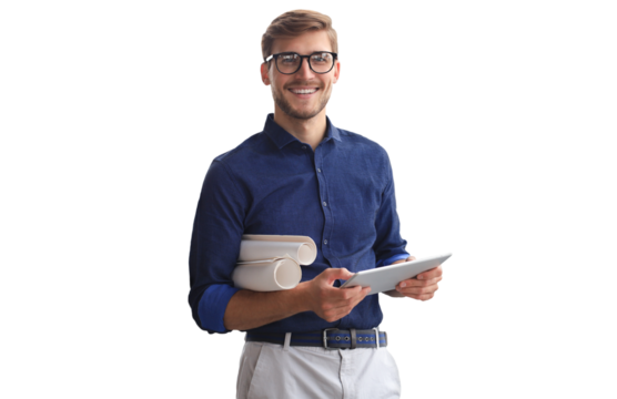Confident young business man in shirt examining blueprint on a transparent background