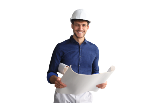 Shot of male architect wearing hardhat and inspecting new building on a transparent background