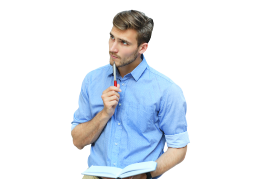 Portrait of handsome smiling man in casual shirt taking notes on a transparent background - Powered by Adobe