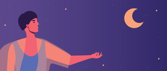 A woman alone contemplates the moon as a quiet space concept, a template with a place for text. flat vector stock illustration