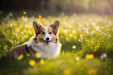 Fluffy Corgi dog in a sunny spring meadow with wildflowers, generative ai