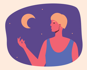 Woman with insomnia, problems with melatonin and mental health looks at the moon at night, flat vector stock illustration