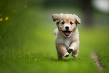 Happy brown puppy dog running freely in lush green grass, generative ai