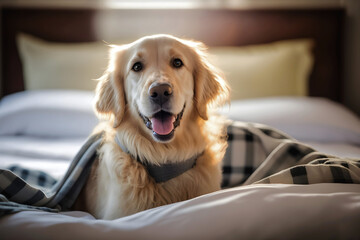 Labrador dog lying on a bed under a blanket in a hotel room in the morning smiling, Selective focus, generative ai