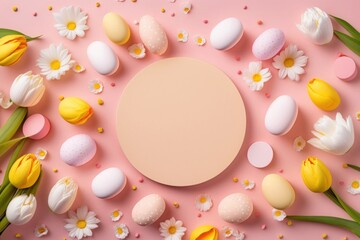 Easter concept. Top view photo of empty circle yellow white and pink tulips colorful easter eggs and sprinkles on isolated pastel pink background with, Generative AI