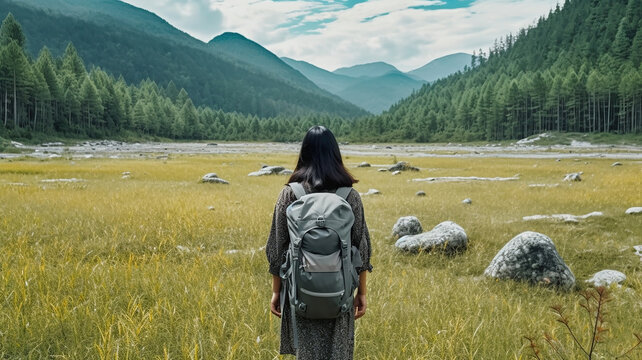 Asian woman travel and camping alone at natural park. Generative Ai