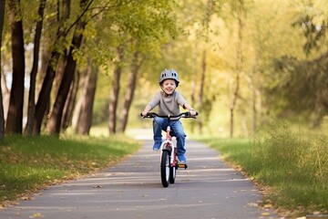 Naklejka premium small boy riding bicycle in park, ai generative