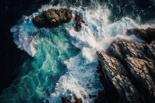 Aerial view of the ocean crashing against a rocky cliff. Majestic, powerful seascape background, generative AI