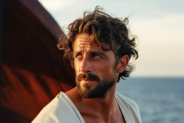 Photorealistic portrait of Ancient Greek hero Odysseus on a ship to his home island Ithaca (Generative AI)