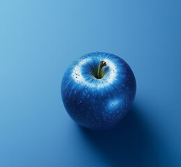 Blue unusual apple on blue, top view