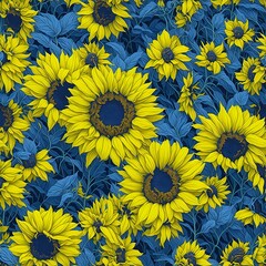 Fototapeta na wymiar Seamless pattern with sunflowers on a blue background. Ukrainian style. Generated with AI.