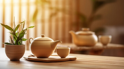 Teapot and cups on table with bamboo leaves. Generative Ai