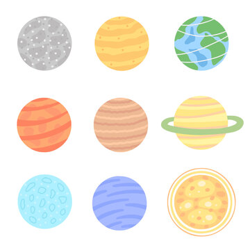 planet set, solar system planet. Vector Illustration for printing, backgrounds, covers and packaging. Image can be used for greeting cards, posters, stickers and textile. Isolated on white background.